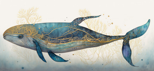 Colorful blue whale porpoise illustration in ocean with elaborate gold patterns covering skin and background, ai.