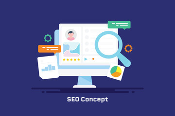 Website optimization with search marketing process web analytics graph chart on screen, online seo concept, vector banner illustration.