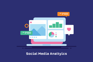 Wall Mural - social media post and graph analytics data insight information on laptop screen vector illustration 