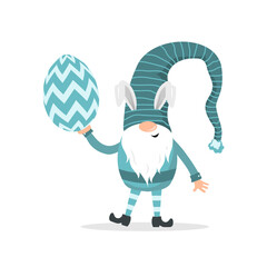 Wall Mural - Easter gnome with rabbit ears. Cute scandinavian dwarf with Easter egg. Holiday banner or card with little leprechaun. Hand drawn spring element. Vector illustration in flat cartoon style.