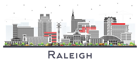 Wall Mural - Raleigh North Carolina City Skyline with Color Buildings Isolated on White. Vector Illustration. Raleigh Cityscape with Landmarks.