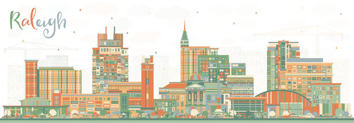 Wall Mural - Raleigh North Carolina City Skyline with Color Buildings. Vector Illustration. Raleigh Cityscape with Landmarks.