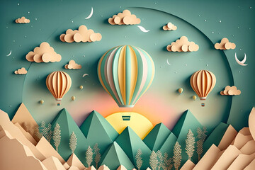 Hot air balloon over the mountains, paper craft art or origami style for baby nursery, children design.Generative ai.