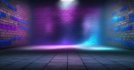 Wall Mural - Neon Retro Brick Wall Dark Foggy Empty Hallway created with generative AI