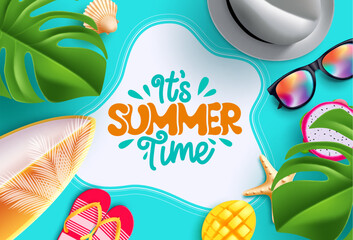 Wall Mural - summer time vector design. it's summer time text in empty space with beach element in abstract backg