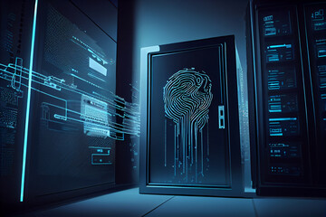 Aufkleber - BEAUTIFUL abstract Over the server room is a picture of data processing with a fingerprint icon. Conceptual depiction of global technology and a digital interface