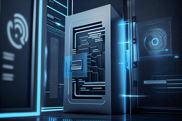 Fototapete - BEAUTIFUL abstract Over the server room is a picture of data processing with a fingerprint icon. Conceptual depiction of global technology and a digital interface