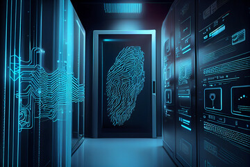 Leinwandbilder - BEAUTIFUL abstract Over the server room is a picture of data processing with a fingerprint icon. Conceptual depiction of global technology and a digital interface