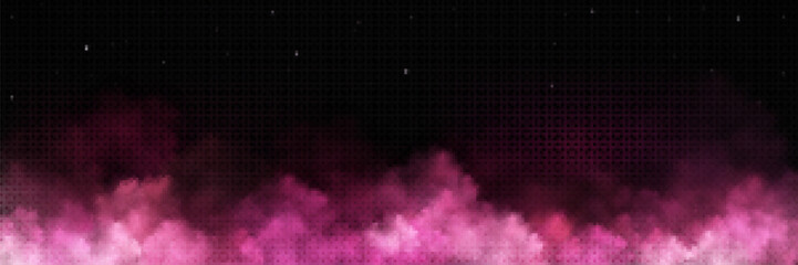 Wall Mural - Cloud of pink smoke on black transparent background, bright stars shining in dark night sky. Realistic vector illustration of magic color fog with overlay effect. Holi powder paint mist. Love in air