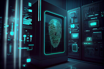 Aufkleber - BEAUTIFUL abstract Over the server room is a picture of data processing with a fingerprint icon. Conceptual depiction of global technology and a digital interface