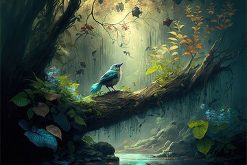 Enchanted Fantasy Forest with a Bird Background, Concept Art, Digital Illustration, Generative AI