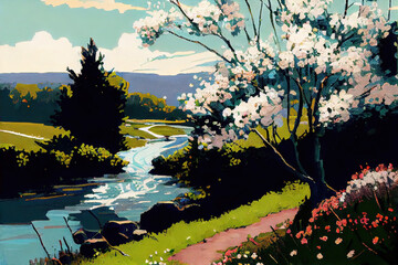 Wall Mural - Flowing river in spring landscpae with meadow (Generative AI)