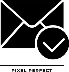 Sticker - Envelope with checkmark black glyph icon. Message delivered. Email notification sign. Communication technology. Silhouette symbol on white space. Solid pictogram. Vector isolated illustration