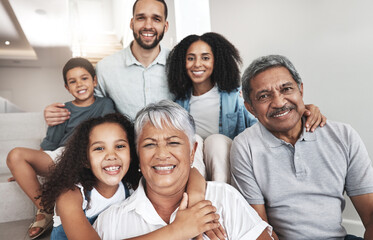 Wall Mural - Love, house stairs and portrait of happy family bonding, hug and enjoy quality time together in Rio de Janeiro Brazil. Smile, happiness and relax children, parents and grandparents in vacation home