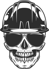 Skull in builder construction helmet hardhat concept with black eyes with sunglasses accessory to protect eyes from bright sun vintage isolated illustration