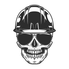 Skull in builder construction helmet hardhat concept with black eyes with sunglasses accessory to protect eyes from bright sun vintage isolated vector illustration