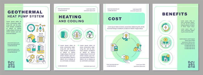 Wall Mural - Geothermal heat pump system green brochure template. Leaflet design with linear icons. Editable 4 vector layouts for presentation, annual reports. Arial-Black, Myriad Pro-Regular fonts used