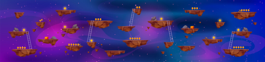 Wall Mural - flying rock islands vector game space background landscape. cartoon planet in galaxy for arcade vide