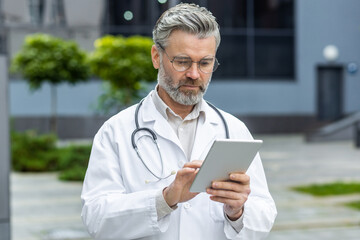 Serious mature doctor standing outside hospital, senior man in medical coat and stethoscope using tablet computer thinking and reading from online application.