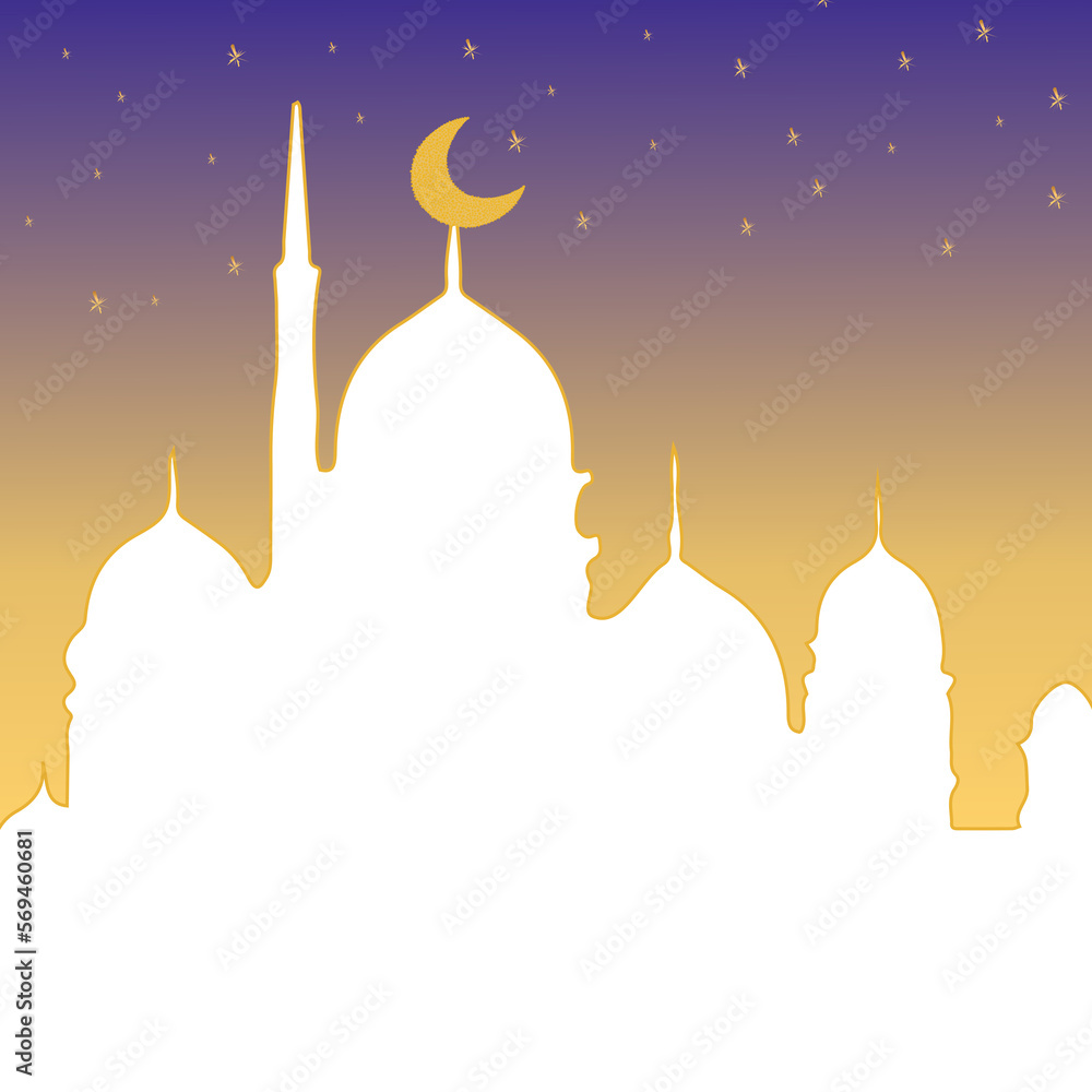 Mosque silhouette in night sky with stars and crescent moon, Vector ...