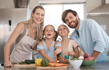 Sticker - Portrait of mom, dad and children cooking in kitchen with vegetables for lunch, food or meal prep together. Family, smile and parents with girls learning, teaching and helping for child development