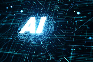 Wall Mural - Futuristic design of artificial Intelligence ai brain with circuit board. Learning process and problem solving concept. Abstract digital technology grid backdrop. 3D Rendering.