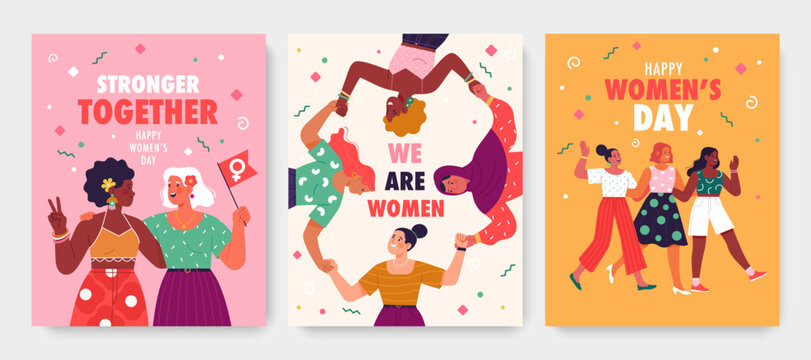 international women's day greeting cards collection. vector illustration in trendy cartoon flat styl