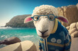 Portrait d'un mouton en vacances à la mer » IA générative