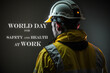 World Day for Safety and Health at Work. Worker on a dark background with his face turned back Generative AI