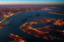 An Aerial View Of The Ports Of Harwich And Felixstowe At Night In The UK. Generative AI