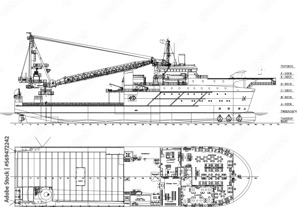 Detailed vector sketch illustration of a cargo resque ship with crane ...