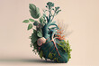 Horizontal abstract realistic illustrated image of a human heart made of plants and flowers isolated on a light pink background. Generative AI