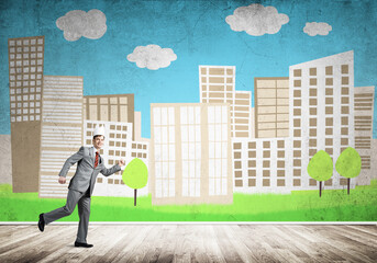 Wall Mural - King businessman in elegant suit running and cityscape silhouette at background