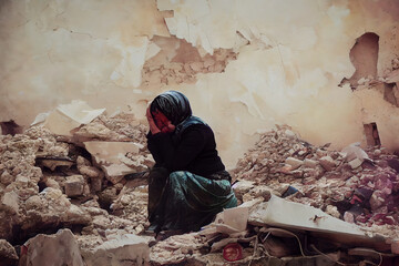 A crying sad turkish or muslim woman crying and sobing over the devestation of the earthquake in Turkey