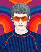 Attractive Young Man Male Androgynous Model Orange Sunglasses Fashion 1970s Rainbow Wearing Sportswear