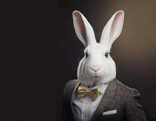 Portrait of a white rabbit dressed in a formal business suit, generative ai