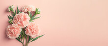 Carnation Bouquet On Pastel Pink Background With Copy Space. 3D Illustration Concept For Mother's Day Holiday Greetings Card. Wide Angle Format Banner. Generative AI