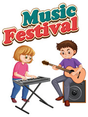 Wall Mural - Music Festival text with kids music band