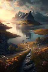 Canvas Print - Pathway down to the lake with mountain on the background generative AI