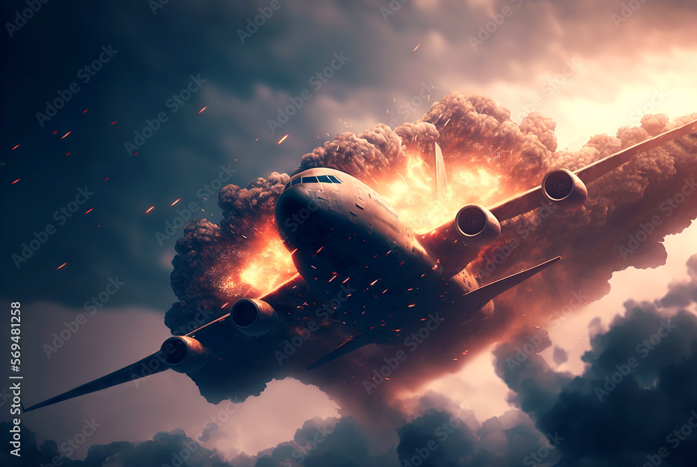 Aircraft explosion during flight. Airliner catastrophe. Plane accident ...