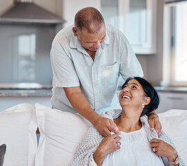 Wall Mural - Love, retirement and happy with a senior couple in the living room of their home together to relax. Sofa, bonding or marriage with a mature man and woman relaxing in the lounge of their house