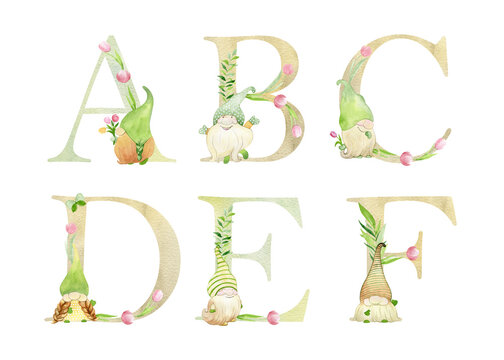Watercolor spring gnomes letters for invitation card, nursery poster and other. Wall art decor.