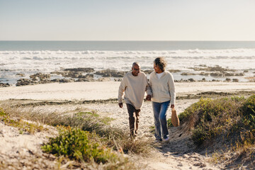 Wall Mural - Happy senior couple leaving the beach after a picnic