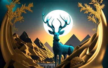 Wall Mural - 3d modern art mural wallpaper with light background. golden deer, black Christmas tree, turquoise mountains, and moon with a golden sun.