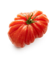 Wall Mural - Fresh ripe vegetable tomato with drops of water close up isolated on white background