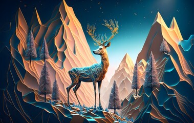 Wall Mural - 3d modern art wall frame, deer, and sun with blue, white, and turquoise marble. golden trees, and gold waves.