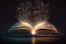 Magic Book With Light Sparkles And Shine. Ai. Fairy Tale Book With Open Pages, Magic Shiny Stars Light And Sparkling Fireworks On Mystic Bokeh Rays Background
