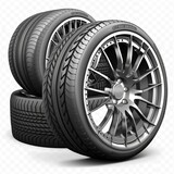 Fototapeta Konie - Car tires with a great profile in the car repair shop. Set of summer or winter tyres in front of white fond. On transparent PNG background black tire manufacturing dial four seasons Generative AI 