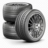 Fototapeta Konie - Car tires with a great profile in the car repair shop. Set of summer or winter tyres in front of white fond. On transparent PNG background black tire manufacturing dial ribbed four