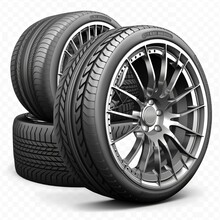 Car tires with a great profile in the car repair shop. Set of summer or winter tyres in front of white fond. On transparent PNG background black tire manufacturing dial four seasons Generative AI 